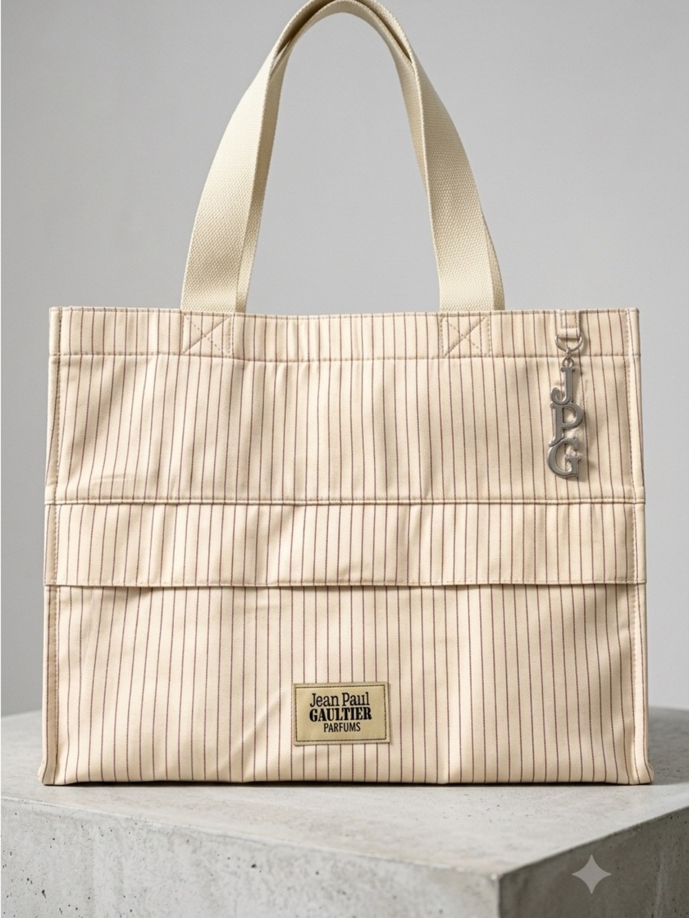 Jean Paul Gaultier Parfums Cream Beige Pinstripe Tote Bag